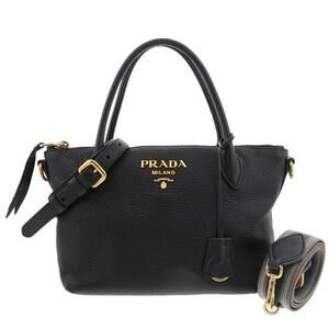 PRADA Vitello Daino Handbag Shoulder Bag Black Gold